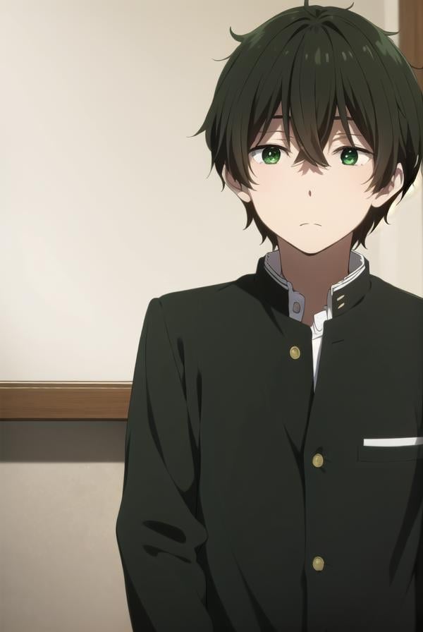 houtarouoreki, <lora:houtarou oreki s1-lora-nochekaiser:1>,houtarou oreki, short hair, bangs, black hair, hair between eyes, (green eyes:1.5), male focus,BREAK school uniform, gakuran,BREAK indoors, classroom,BREAK looking at viewer, (cowboy shot:1.5),BREAK <lyco:GoodHands-beta2:1>, (masterpiece:1.2), best quality, high resolution, unity 8k wallpaper, (illustration:0.8), (beautiful detailed eyes:1.6), extremely detailed face, perfect lighting, extremely detailed CG, (perfect hands, perfect anatomy),