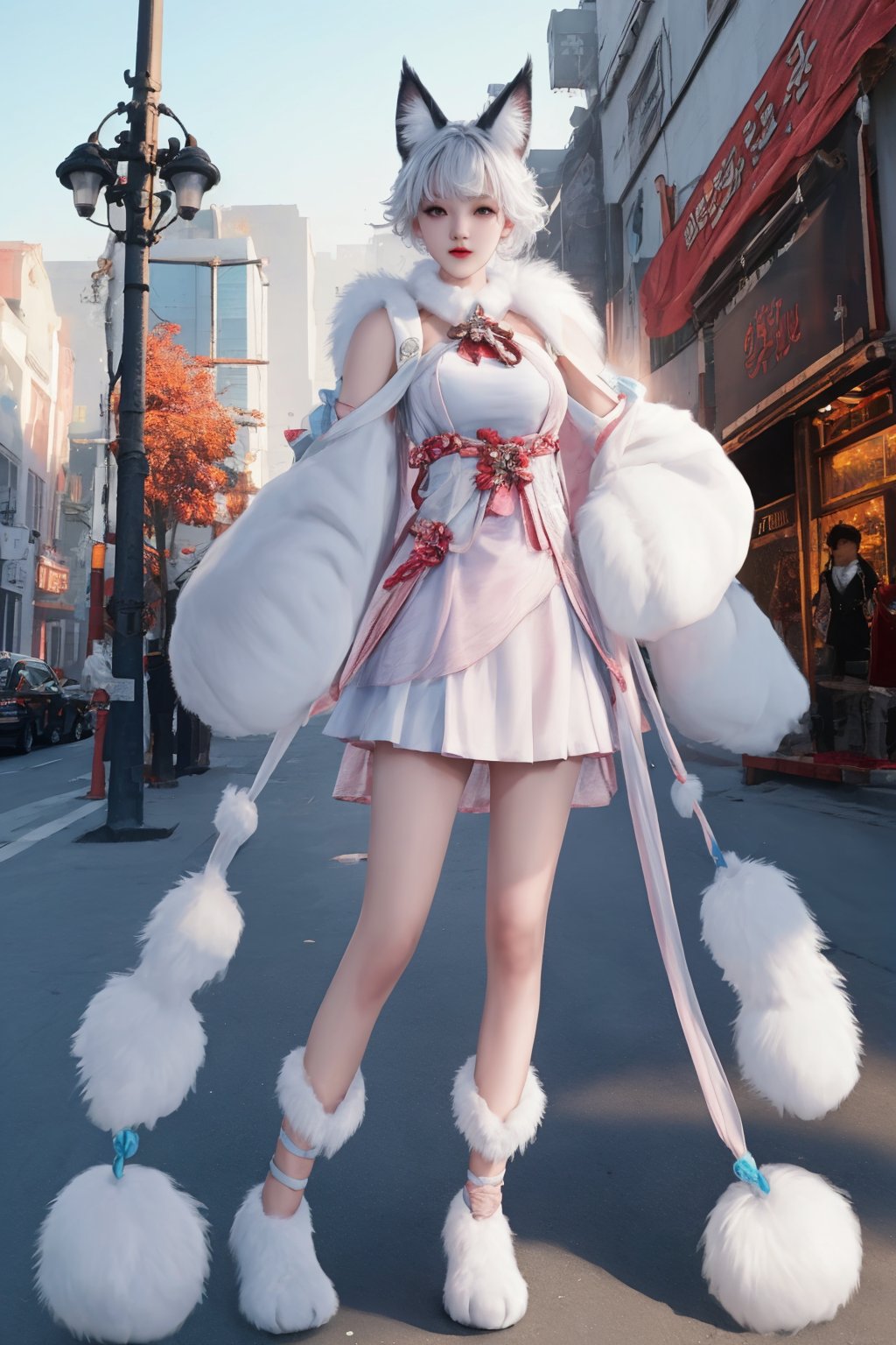 future008,Fox ears,White skirt,Fur trim,Korean clothing,Paw gloves,Paw shoes,<lora:future0511-shenmiao:0.8>,standing,city,