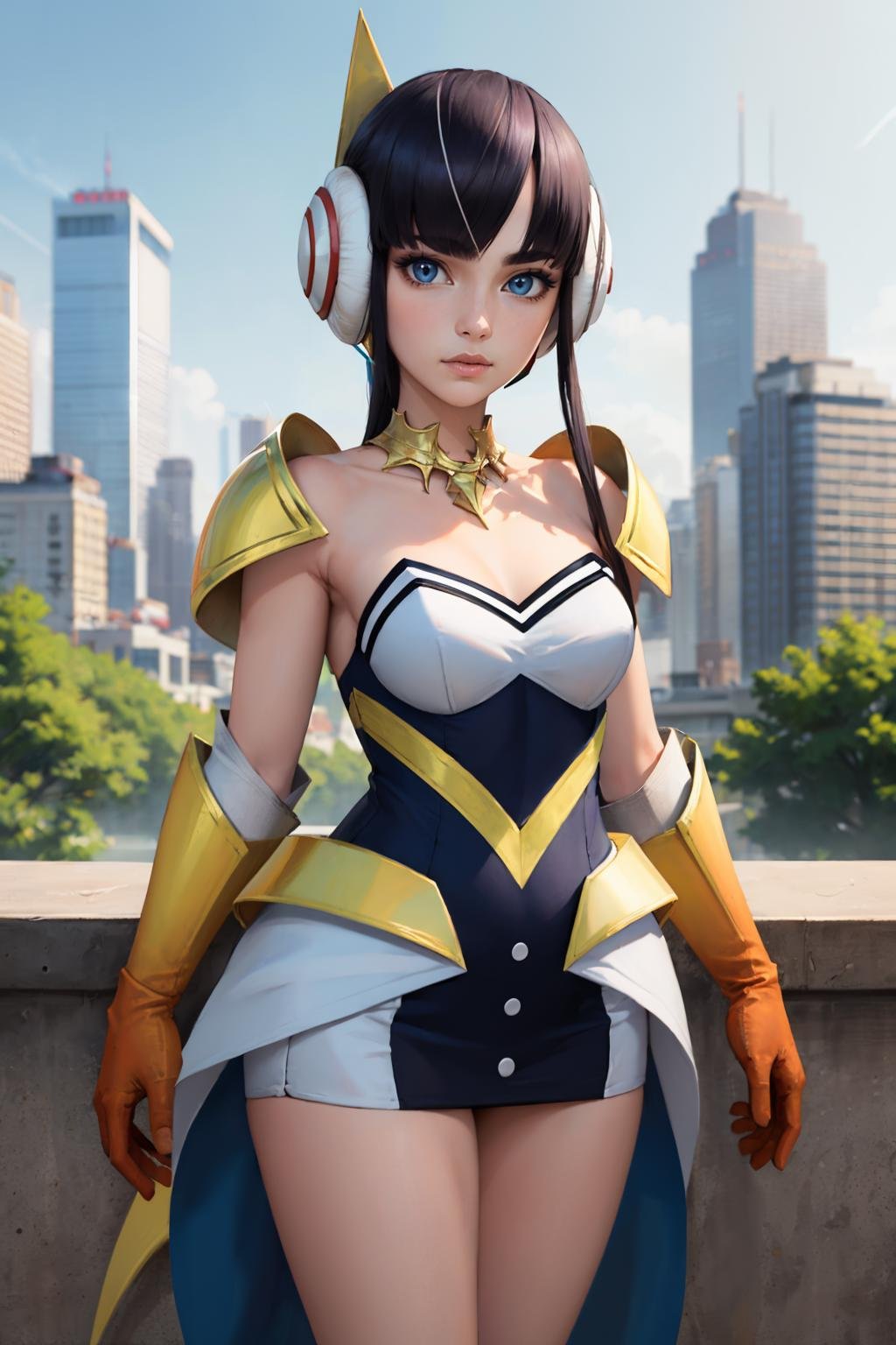 masterpiece, best quality, <lora:elesa-nvwls-v1-000010:0.9> sygnaElesa, black hair, single sidelock, headgear, necklace, shoulder armor, black and white dress, strapless dress, elbow gloves, cityscape, standing, looking at viewer, furrowed brow