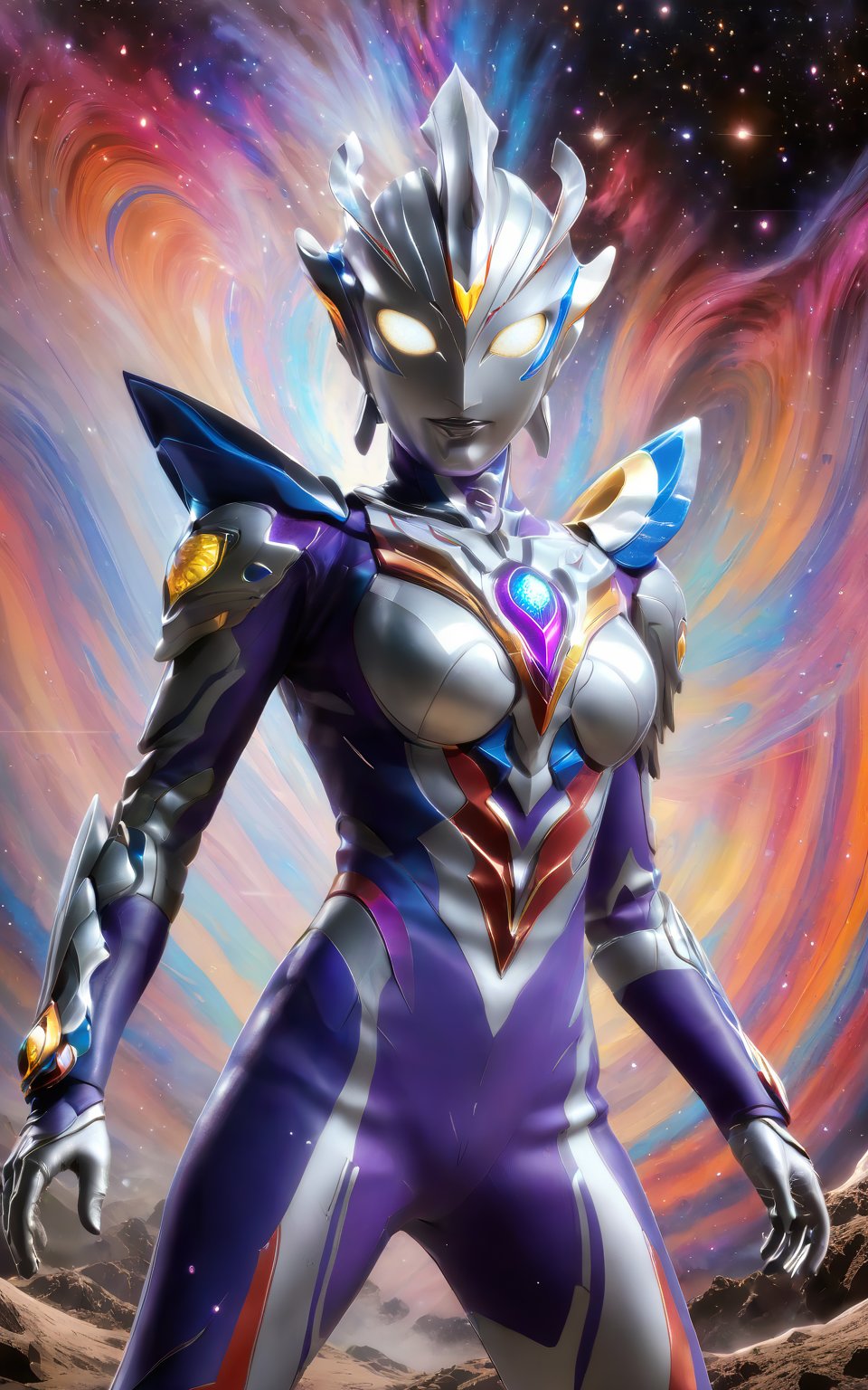 colorful,female Ultraman,Essence of the Cosmos,Defender of Justice,Radiant Form,Stellar Eyes,Silver Halo,Cosmic Armor,Cosmic Manipulation,Interstellar Travel,Telepathy,Compassionate Warrior,Unwavering Justice,Cosmic Odyssey,Battles and Triumphs.,(no hair:1)