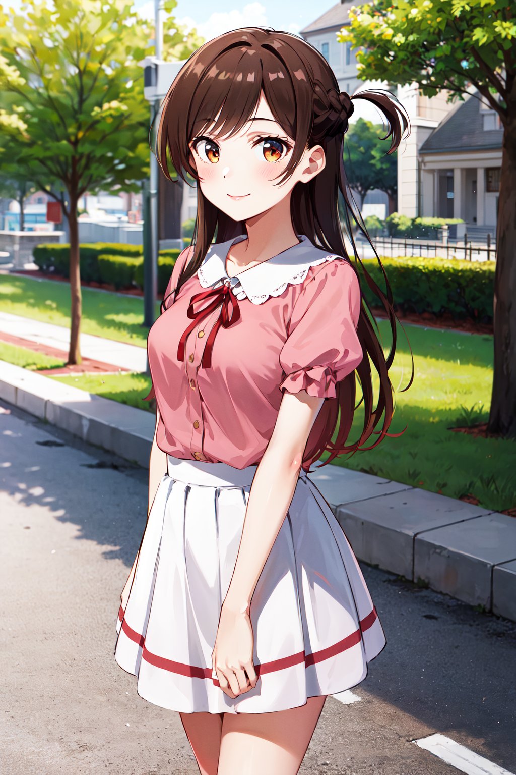 masterpiece, best quality, highres, aachizuru, long hair, one side up, neck ribbon, pink shirt, short sleeves, white skirt, <lora:mizuhara_chizuru_v2:0.7>, standing, cowboy shot, outdoors, smile, arms at sides, 