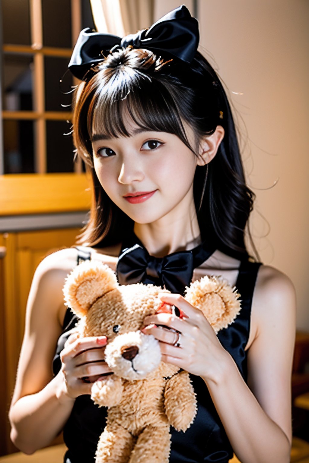 1girl,solo,stuffed toy,stuffed animal,long hair,bow,looking at viewer,hair bow,smile,black hair,ribbon,brown hair,The whole body,teddy bear,bangs,mole,14 y.o.,