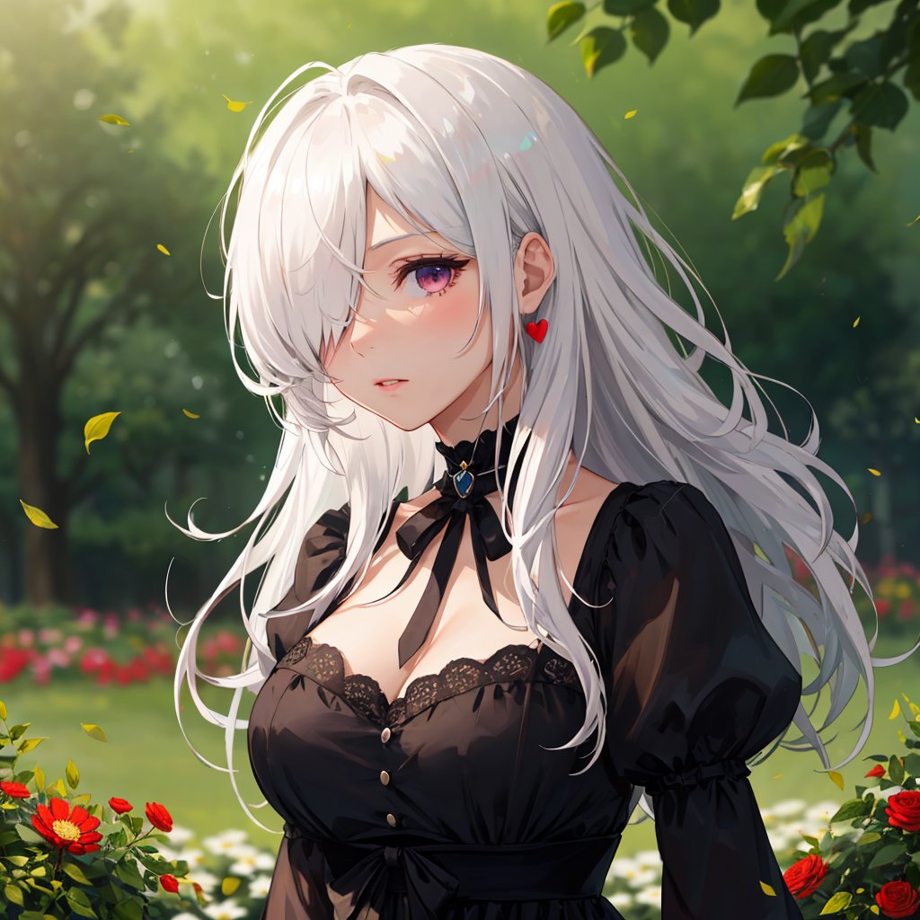 1girl, solo, detailed face, detailed eyes, reddish pink eyes, black dress with puffy sleeves, heart print, large firm breasts, (upper body), long hair, (white hair), wild and messy hair, sidelocks, (hair over one eye:1.3), abstract, flowers, flower, leaves, garden background, (blurry background, blurry foreground, depth of field, ambient lighting:1.3), somber lighting, somber moment