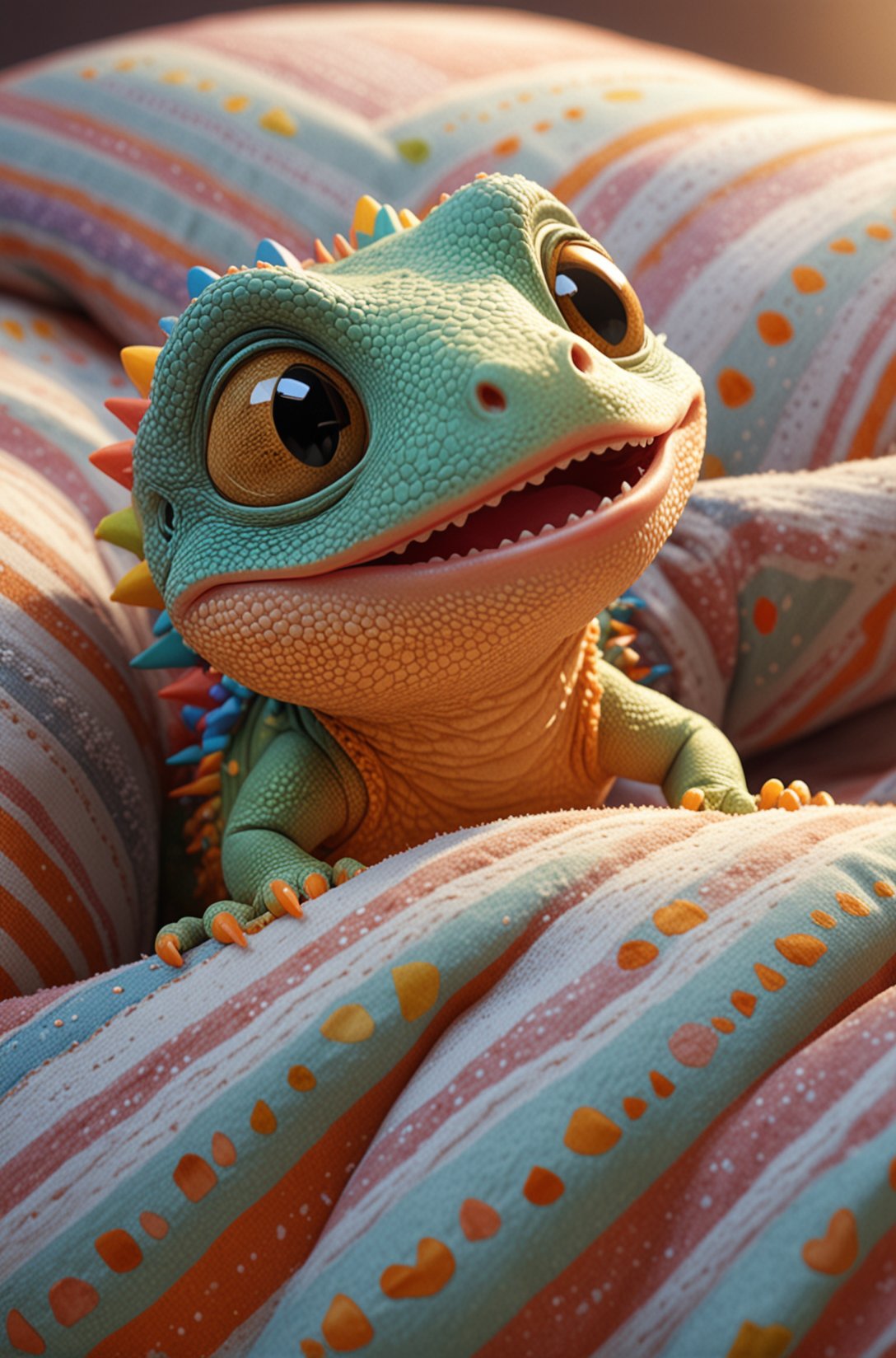 Cute cartoon style of a adorable little colourful lizard, snuggled, curled up, smiling, sleeping with a little blanket, tiny bedroom, on a bed under the blanket, ethereal, soft, detailed, iridescent scales, beautiful, cosy, cute, Pixar, snoozing, 3D render, UHD