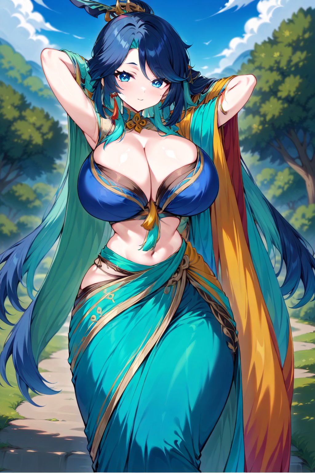 xianyunexp, genshin_imapct_\(game\), , saree, (yellow and blue saree), blouse, indian dress, indian saree, 1girl, solo, huge breasts, cleavage, clear image, beautiful artwork, illustration, arms behind head, wide waist, light smile, cowboy shot, standing, blurry background, scenery, blue sky, park, nature, foot out of frame, saree, indian saree, (saree color)<lora:EMS-346080-EMS:0.900000>, <lora:EMS-289376-EMS:0.700000>