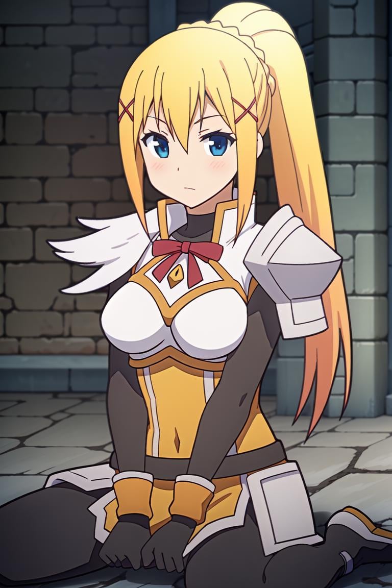 <lora:DarknessV2:0.7>1girl,solo,long hair,breasts,looking at viewer,blonde hair,hair ornament,gloves,ribbon,ponytail,black gloves,armor,x hair ornament,shoulder armor,pauldrons,darkness (konosuba),show pussy, wariza, sitting,