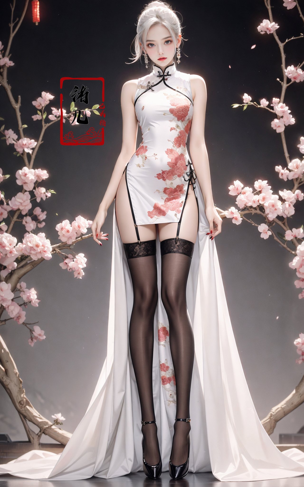 Black background,Fashion cheongsam，nail polish，lace trim，gradient，contrapposto，Red long dress，lace，red lips， (full body:0.8), white thighhighs,white hair，<lora:Fashion cheongsam_20231207093219:0.7>