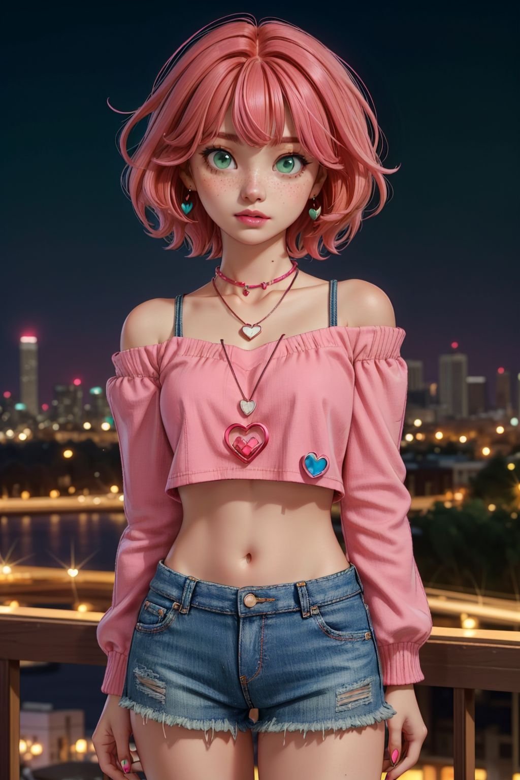 1girl, redhead, pink hair, short hair, heart necklace, freckled, bangs, green eyes, pink lips, red nails, short blue denim short and red top, cutoffs, offshoulder crop top, long sleeves, a heart necklace on her neck, navel, high quality, masterpiece, 8k, sharp focus, city background, full body visible