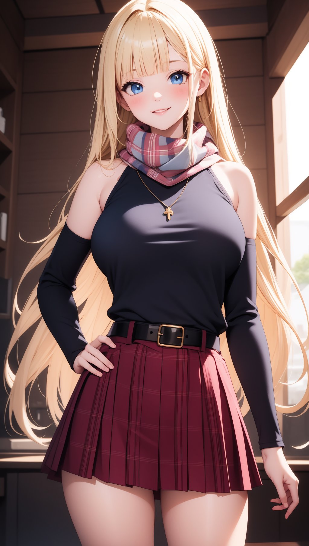 (masterpiece, best quality), intricate details, 1girl, solo, skirt, scarf, plaid, looking at viewer, hand on own hip, smile, pink scarf, jewelry, plaid skirt, high-waist skirt, red skirt, bare shoulders, blonde hair, blue eyes, belt, black shirt, detached sleeves, sleeveless, shirt, blush, necklace, very long hair, sleeveless shirt, long sleeves, parted lips, blunt bangs, large breasts, plaid scarf, cowboy shot, pleated skirt, standing, shirt tucked in