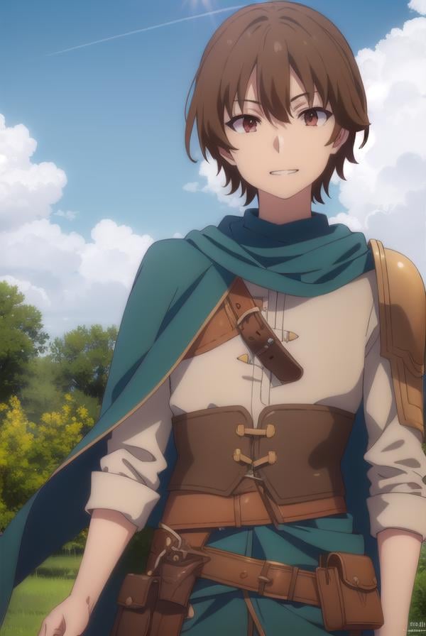 keyaru, <lora:keyaru s1-lora-nochekaiser:1>,keyaru, short hair, (brown eyes:1.5), brown hair, male focus, smile, grin,BREAK cape, armor,BREAK outdoors, forest, nature, grass, trees, sun, sky, clouds,BREAK looking at viewer, (cowboy shot:1.5),BREAK <lyco:GoodHands-beta2:1>, (masterpiece:1.2), best quality, high resolution, unity 8k wallpaper, (illustration:0.8), (beautiful detailed eyes:1.6), extremely detailed face, perfect lighting, extremely detailed CG, (perfect hands, perfect anatomy),