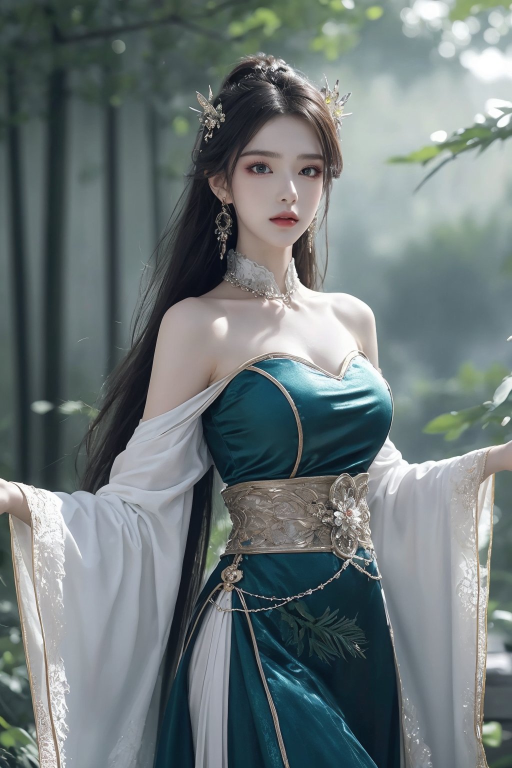 1girl, bamboo, bare shoulders, bare tree, blurry, blurry background, blurry foreground, branch, breasts, chinese clothes, depth of field, dress, earrings, forest, green eyes, jewelry, leaf, long hair, long sleeves, looking at viewer, makeup, nature, palm tree, parted lips, plant, solo, standing, tree, wide sleeves <lora:天穹1.0:0.8>