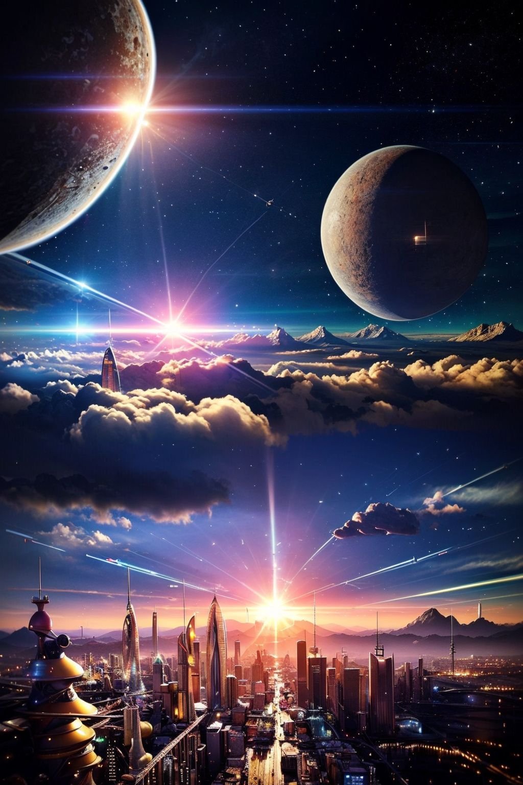 (masterpiece, best picture quality:1.3),SCI-FI City,scenery,science fiction,no humans,city,building,cityscape,sky,aircraft,outdoors,skyscraper,lens flare,cloud,spacecraft,realistic,planet,scenery,no humans,planet,sky,star \(sky\),mountain,outdoors,space,lens flare,