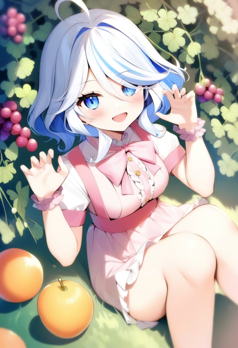 1girl,furina,(momoko (momopoco):1.5),gin00,shiratama (shiratamaco),claw pose, hand up, looking at viewer, open mouth, smile, solo,bug, butterfly, dutch angle, flower, food, fruit, grapes,masterpiece,best quality,absurdres,