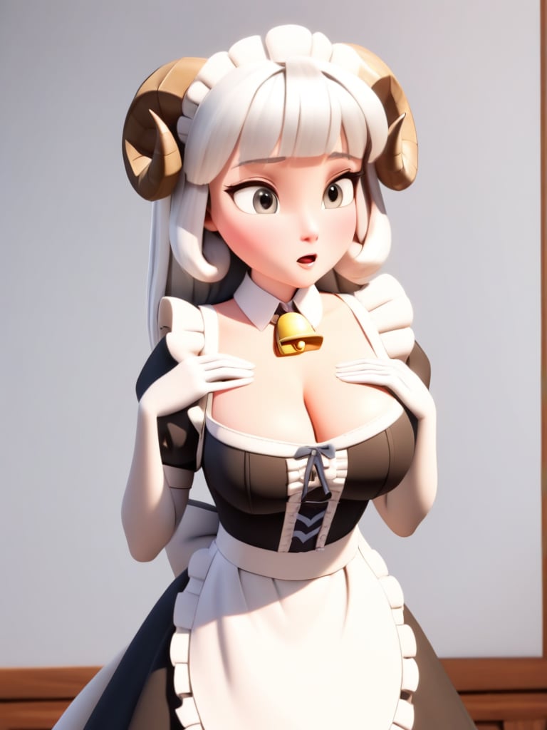 <lora:xl_Disney style(kohaku_delta)-000006:1>,Disney style,3d,1girl,solo,horns,gloves,breasts,bell,white gloves,elbow gloves,apron,maid,cleavage,short sleeves,long hair,blush,grey eyes,puffy sleeves,detached collar,dress,sheep horns,puffy short sleeves,waist apron,large breasts,silver hair,cowbell,curled horns,parted lips,black dress,open mouth,medium breasts,hands on own chest,frills,bangs,white apron,white hair,maid apron,, masterpiece, best quality,