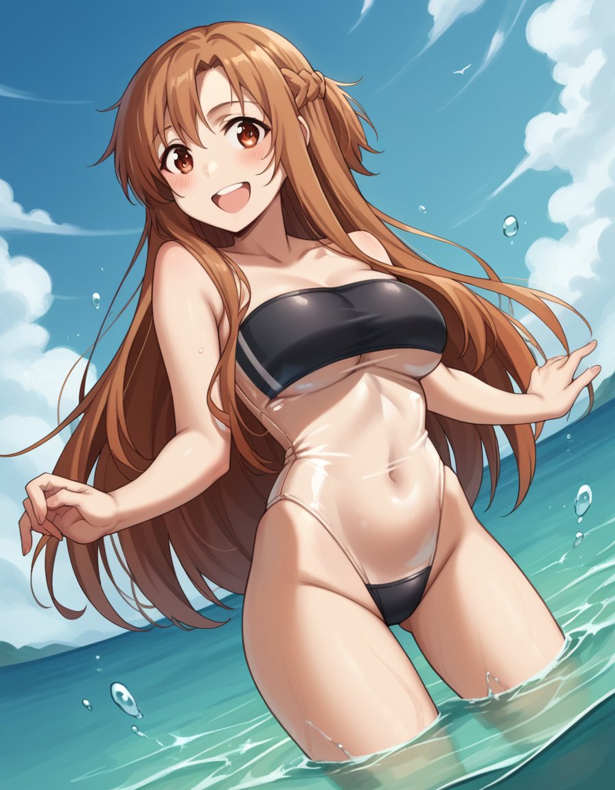 score_9, score_8_up, score_7_up, source_anime, asunayuuki, <lora:asuna-yuuki-s1-ponyxl-lora-nochekaiser:1>, asuna yuuki, long hair, brown hair, brown eyes,, <lora:gris-swimsuit-ponyxl-lora-nochekaiser:1>, gris swimsuit, see-through one-piece swimsuit, strapless one-piece swimsuit, double verticle stripe, highleg swimsuit, covered navel, see-through, strapless, underboob,, outdoors, beach, submerged, water, blush, smile, open mouth,, cowboy shot, dutch angle,