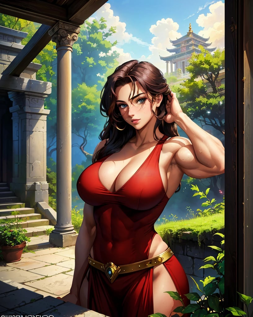 masterpiece, best quality, portrait of a 18yo woman ,  (lush overgrown temple:1.1) ,  color photo, cinematic, cinematic lighting, Muscular woman huge biceps  huge muscles Huge Breasts, anime, gorgeous 18-year-old woman, perfect eyes, graceful, landscape shot,  upper body, looking at viewer, standing, happy, enthusiastic