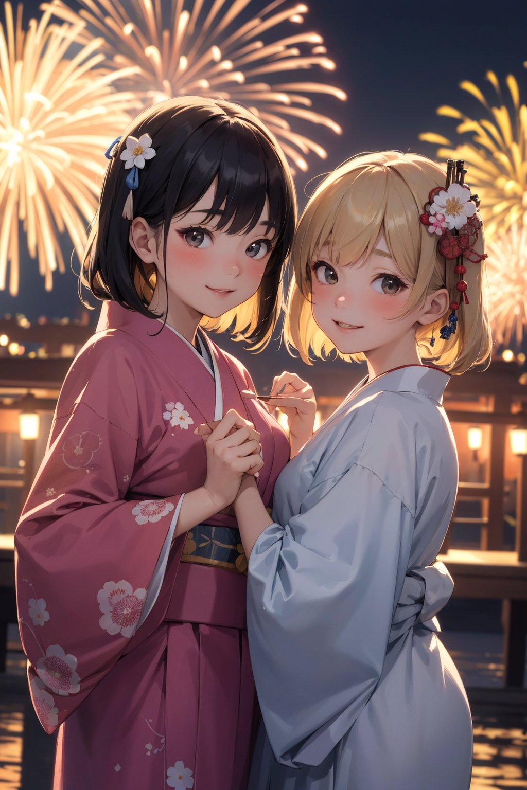 ((masterpiece)), ((best quality)), 8k, soft lighting, warm lighting, absurdres,Portrait of cute (2girls) wearing beautiful ornately detailed yukatas clothing side by side in a Japanese festival at night smiling with fireworks in the sky (looking at viewer, posing for picture)