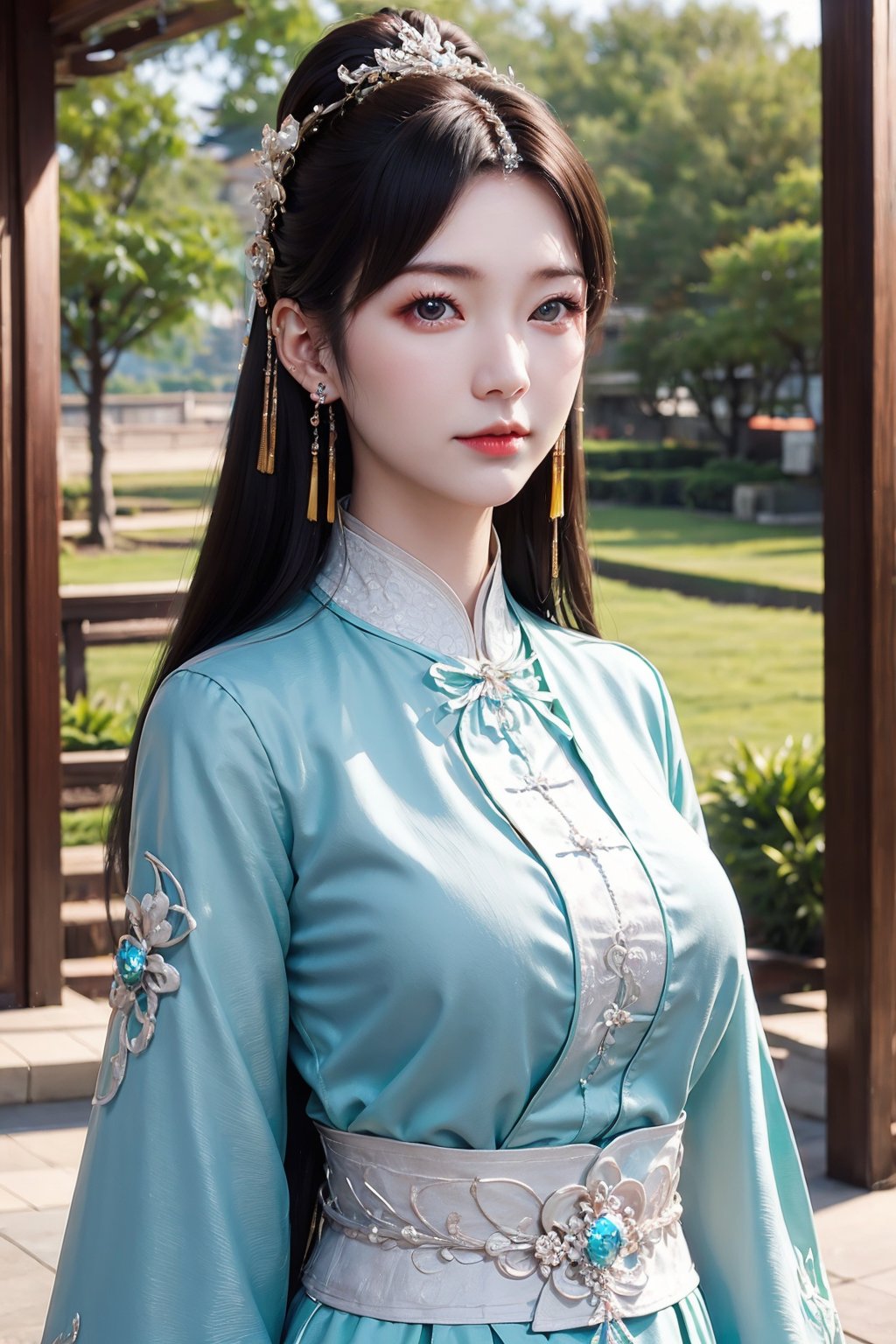 CAFC,1girl,solo,long hair,earrings,jewelry,hair accessories,upper body,suburban scenery,east asian,chinese style architecture,<lora:NSFWFilter:-1.5>,