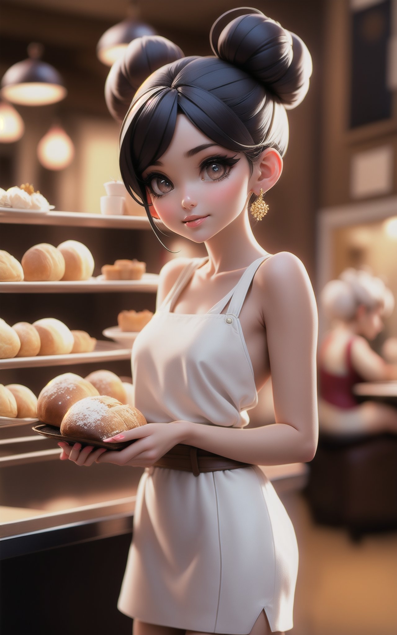 1girl,Medium Length Double Buns Hairstyle,A stylish, modern bakery-café, filled with fresh bread and pastries, and a warm, inviting atmosphere,Sheath dress,Suspicious facial expression,dynamic attitude,