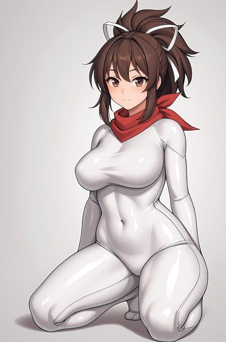 anime artwork score_9, score_8_up, score_7_up, score_6_up, score_5_up, score_4_up, source_anime, BREAK, thick outline, fat outline,Asuka_XL, brown eyes, brown hair, ponytail, white ribbon, red scarf, large breasts, BREAK, tight latex costume, BREAK, kneeling, <lora:Asuka_XL:0.7><lora:PersonalAmi_PonyXL:1.0>