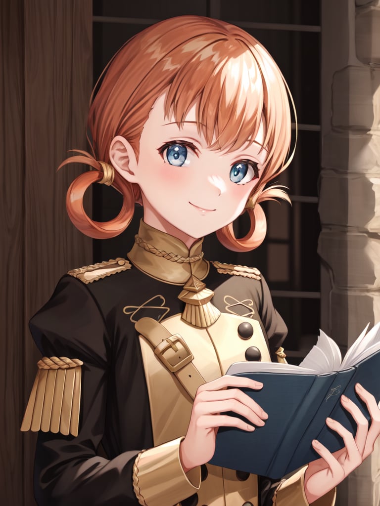 <lora:Annette_FE-10:0.8>, annette_student, 1girl, solo, looking at viewer, smile, holding, twintails, closed mouth, upper body, uniform, book, hair rings, holding book, garreg mach monastery uniform