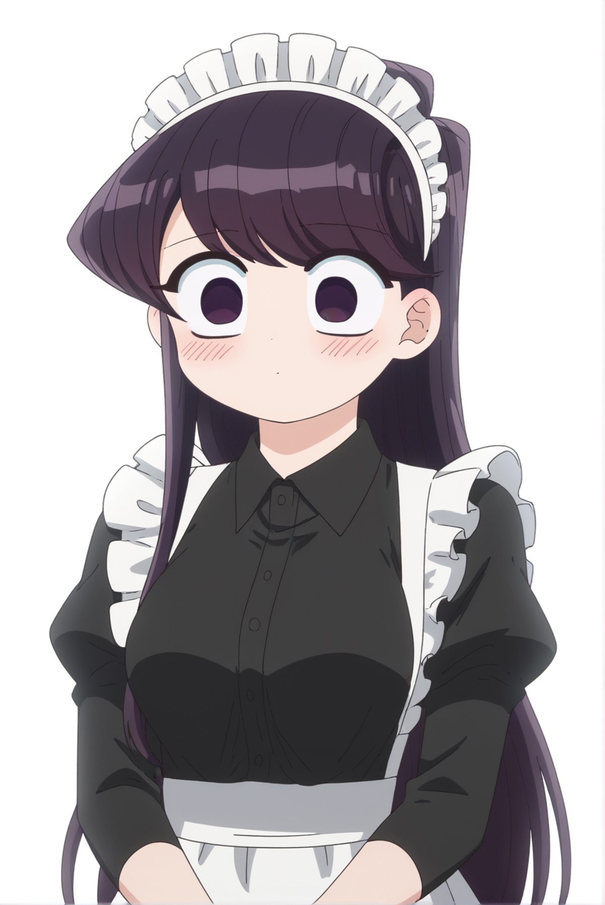 <lora:Shouko_Komi:0.8>, white background, Shouko Komi, 1girl, solo, blush, apron, maid, maid headdress, enmaided, no mouth