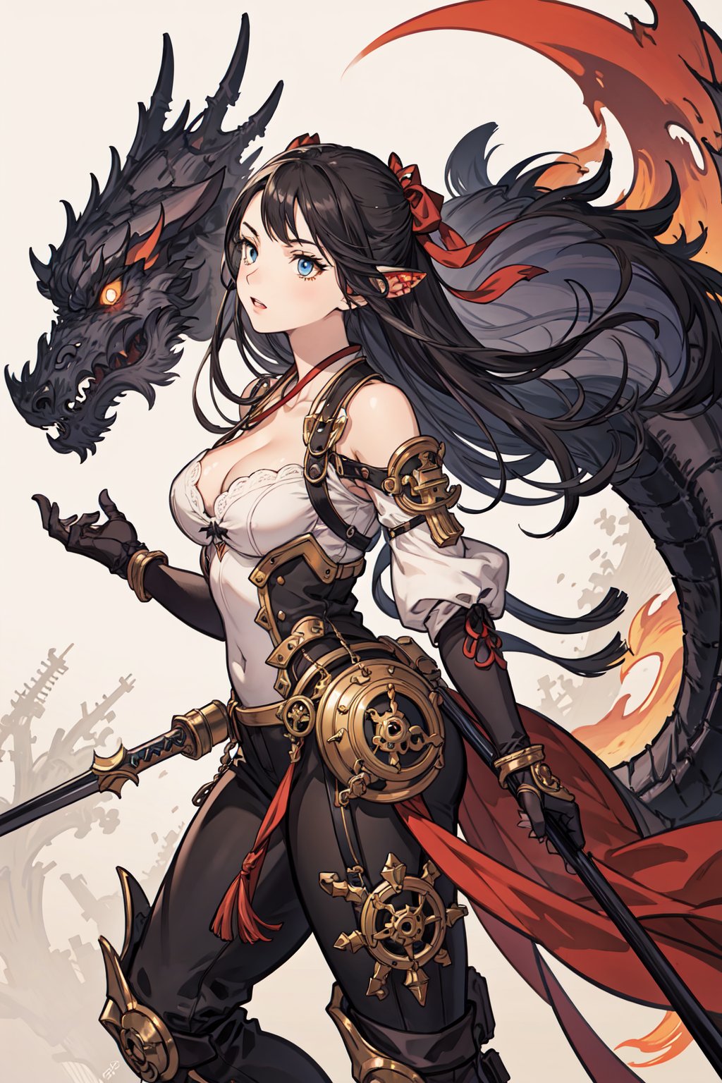 best quality,oriental_detailed background,girl,detailed_hand,battle, monster, steampunk, 