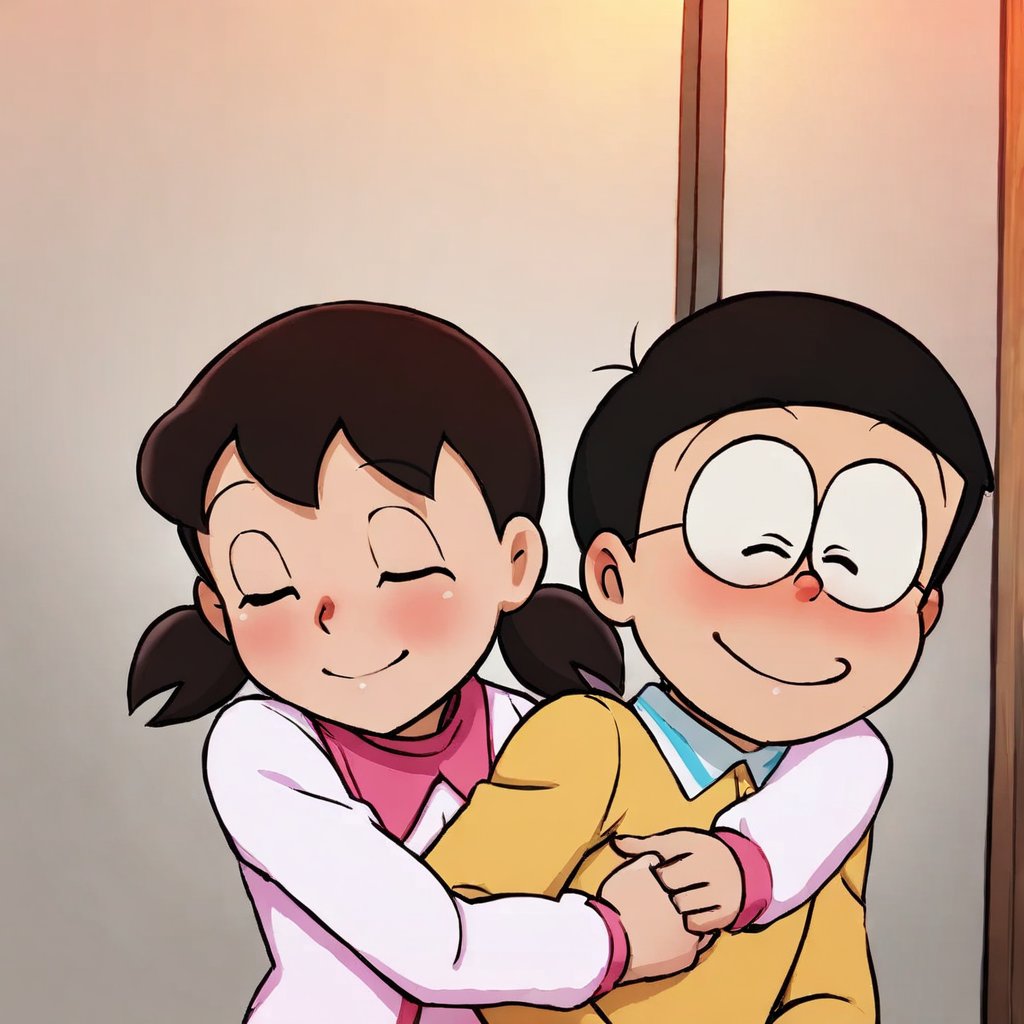 (nobi nobita), (couple, hetero, 2person), 1girl, 1boy, glasses, hug, smile, blush, closed eyes, minamoto shizuka, low twintails, masterpiece, best quality, upper body, <lora:minamoto shizuka and nobita kohaku:1>