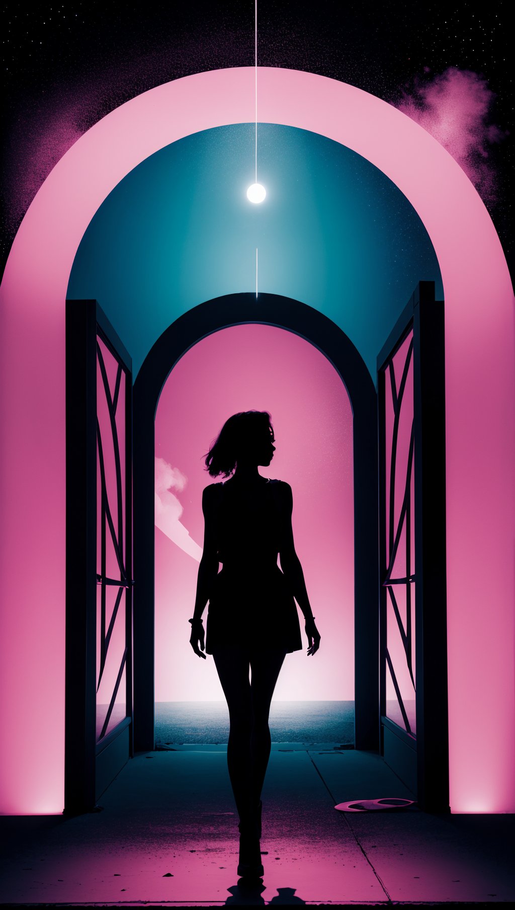 (silhouette:1.25),1girl,dark background,blacklight,mid shot,full body,somber expression,looking down,dark energy,vibrant magenta,portal to another world,flat color,flat shading,ultra realistic,highres,superb,8k wallpaper,extremely detailed,intricate,limited palette,pink,