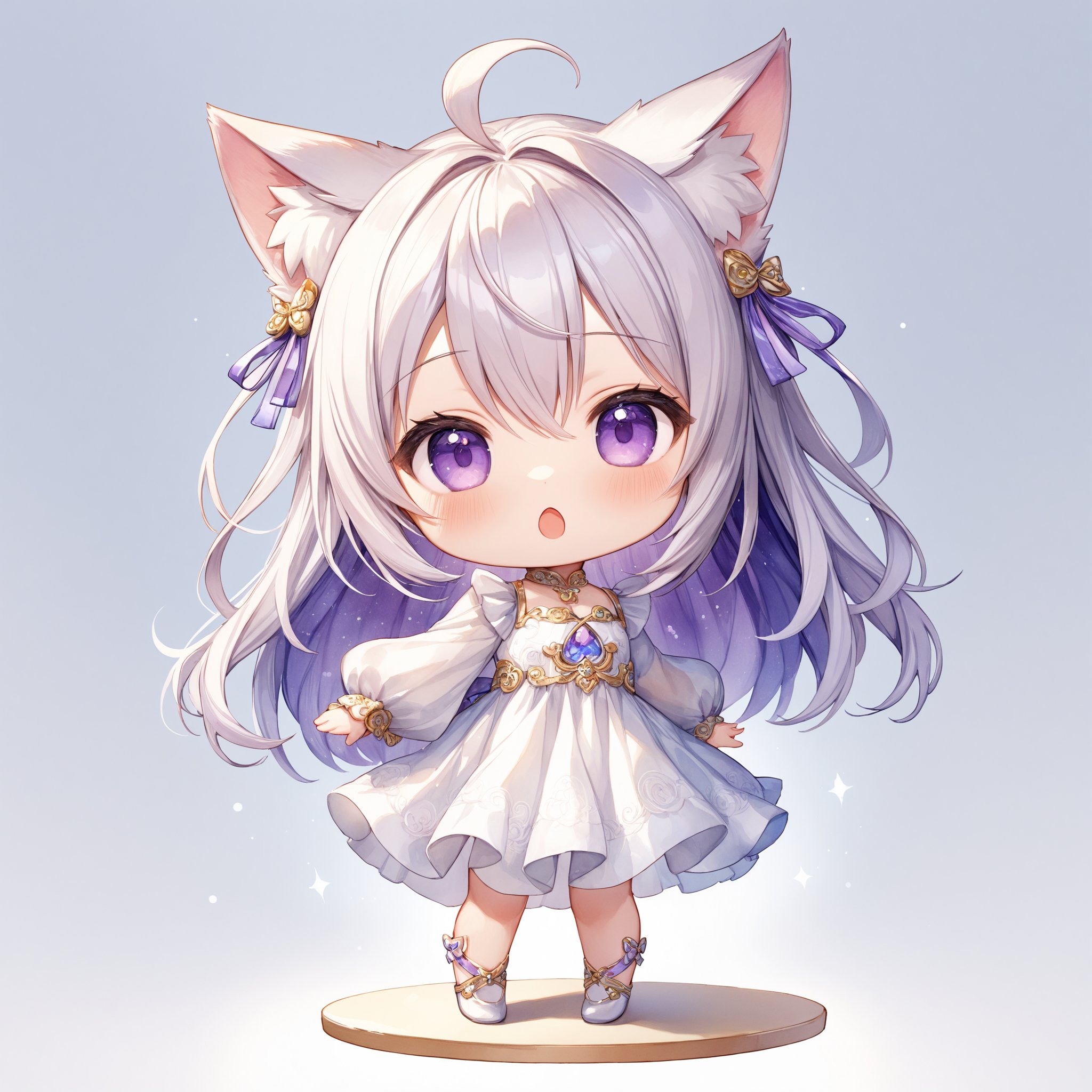 Full body shot. Cinematic angle. A very cute girl. Chibi. (Round face:1.2). Detailed dark-purple eyes. Long straight hair with ribbon ornament, (shine silver hair), (shine silver inner hair), (ahoge:1.05), cat ears and hair between eyes. Detailed body. Small breasts. White chiffon maxi dress and ruffled long sleeves. :o. Cute pose. Looking at viewer. background. White background. Cute style. Watercolor. Deformed. Intricate details. Extremely detailed. Outstanding intricacies. (Masterpiece:1.2). (Best quality:1.2). (Absurdres absolutely resolution:1.4).