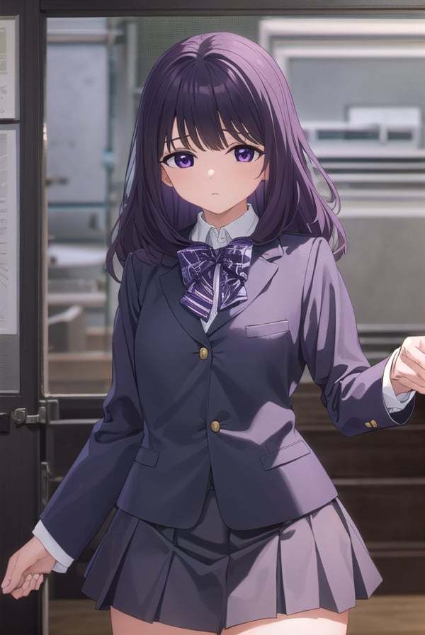 rionashijou, <lora:riona shijou s1-lora-nochekaiser:1>,riona shijou, bangs, purple hair, (purple eyes:1.1), medium hair,BREAK skirt, long sleeves, school uniform, jacket, socks, black skirt, two side up, black jacket, kneehighs, blazer, black socks, bow, bowtie, stripped, stripped bowtie,BREAK indoors, classroom,BREAK looking at viewer, (cowboy shot:1.5),BREAK <lyco:GoodHands-beta2:1>, (masterpiece:1.2), best quality, high resolution, unity 8k wallpaper, (illustration:0.8), (beautiful detailed eyes:1.6), extremely detailed face, perfect lighting, extremely detailed CG, (perfect hands, perfect anatomy),