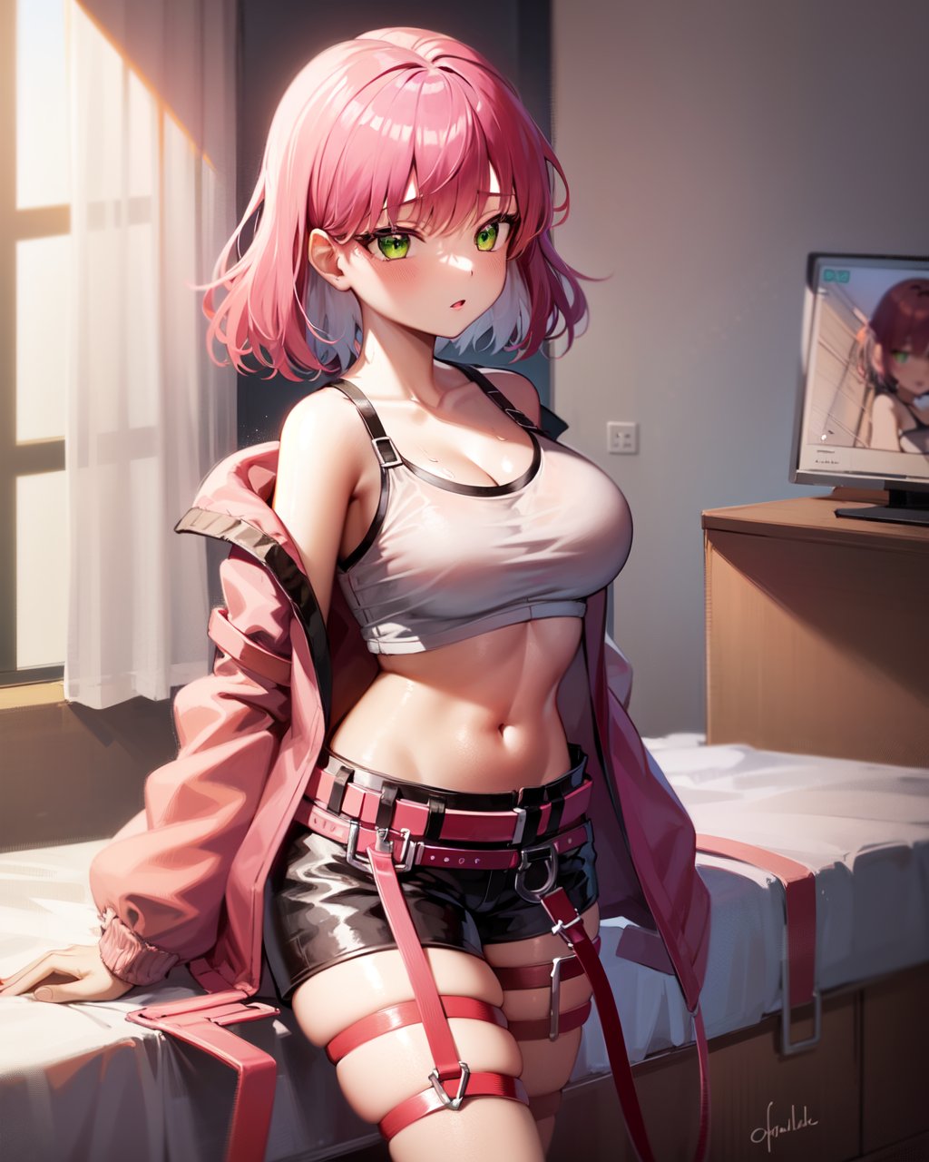 1girl, kisikilslf1, pink hair, green eyes, short hair, large breasts,white tank top, midriff, shorts, pink belt, asymmetrical legwear, oversized pink jacket,indoors, bedroom,<lora:kisikilv2-000006:0.8>