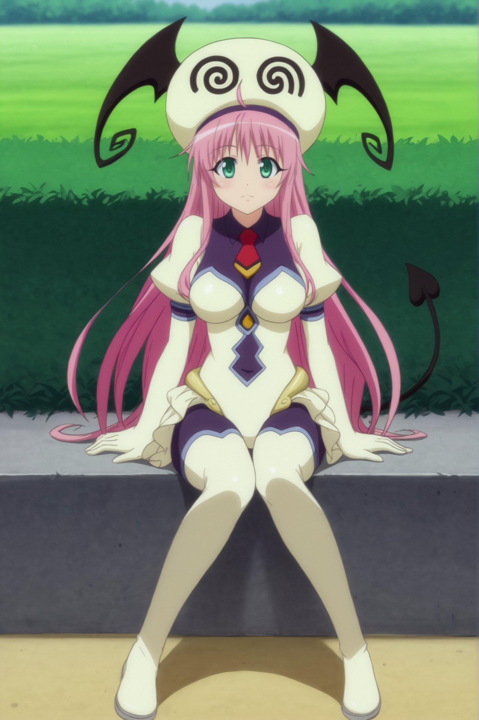 <lora:Lala_Satalin_Deviluke:0.8>, Lala Satalin Deviluke, full body, 1girl, breasts, hat, leotard, bodysuit, demon_tail, sitting, outdoor <lora:sdxl_lightning_4step_lora:1>