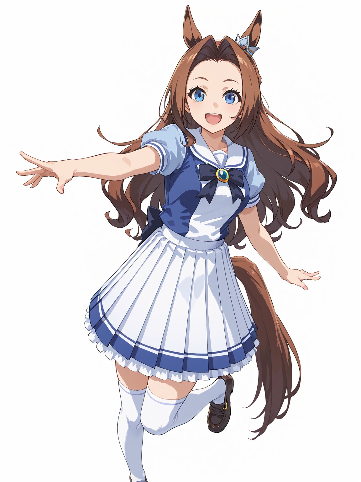 <lora:Kawakami_Princess:0.7>,K_Princess,kawakami princess,blue eyes,blown hair,long hair,one length hair,short ponytail,crown braid,horse ears,horse tail,K_uniform,frilled skirt,sailor collar,short sleeves,school uniform,white thighhighs,loafers,smile,open mouth, looking at viewer,reaching,outstretched arm,white background, score_9, score_8_up, score_7_up,source_anime