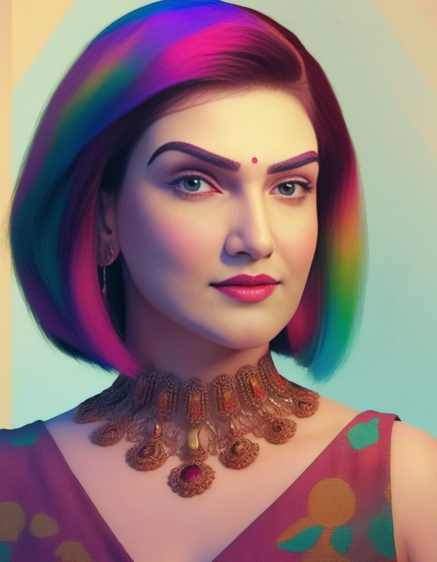 HoneyRose, portrait,close up of a Monstrous tall Female, behance, Nonchalant Short bob hairstyle, Folk Art, short lighting, dark rainbow hue, <lora:HoneyRoseSDXL:1>