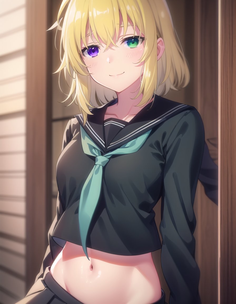 skryona, <lora:sk ryona s1-lora-nochekaiser:1>,ryona, blue eyes, blonde hair, (green eyes:1.3), medium hair, (heterochromia:1.5),BREAK skirt, shirt, long sleeves, navel, school uniform, pantyhose, pleated skirt, necktie, serafuku, midriff, black skirt, sailor collar, black shirt, black sailor collar, (black serafuku:1.2),BREAK indoors, classroom,BREAK looking at viewer, (cowboy shot:1.5), smile,BREAK <lyco:GoodHands-beta2:1>, (masterpiece:1.2), best quality, high resolution, unity 8k wallpaper, (illustration:0.8), (beautiful detailed eyes:1.6), extremely detailed face, perfect lighting, extremely detailed CG, (perfect hands, perfect anatomy),