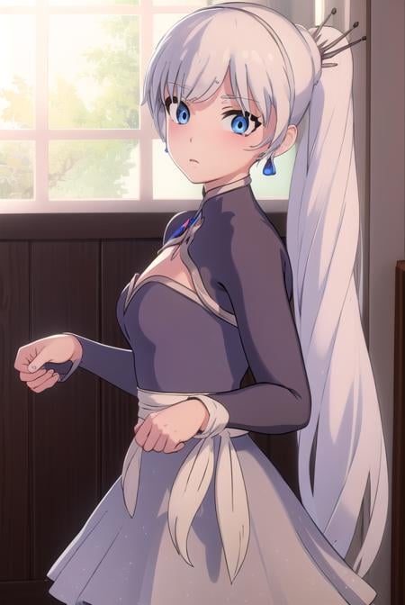 weissschnee, <lora:weissschnee-lora-nochekaiser:1>,weiss schnee, long hair, blue eyes, hair ornament, ponytail, white hair, side ponytail, scar, tiara, scar on face, scar across eye,BREAK dress, jewelry, earrings, blue dress,BREAK indoors,BREAK looking at viewer, (cowboy shot:1.5),BREAK <lora:GoodHands-beta2:1>, (masterpiece:1.2), best quality, high resolution, unity 8k wallpaper, (illustration:0.8), (beautiful detailed eyes:1.6), extremely detailed face, perfect lighting, extremely detailed CG, (perfect hands, perfect anatomy),