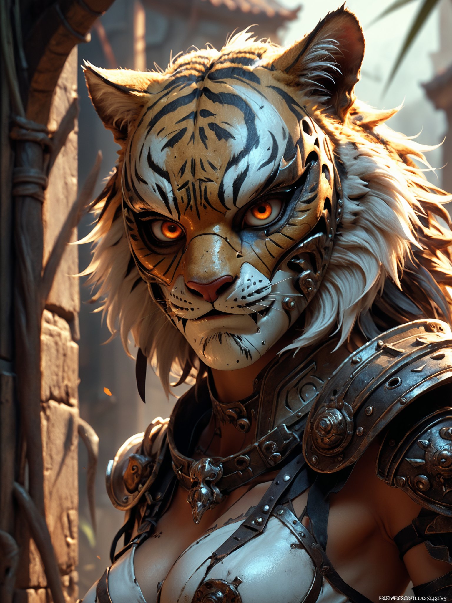 Comic's Luis Royo style, human wearing a mask made of steel, face figure a tiger, great helm made of iron covering the entire head, little tiger's ears on it, sketch, dark fantasy, illustration, epic action, Unreal Engine, cinematic award winning artwork, many details, extreme detailed, full of details,Wide range of colors., dramatic, Dynamic,Cinematic,Sharp details, Insane quality. Insane resolution. Insane details. Masterpiece. 32k resolution. casting shadow style, cucoloris patterned illumination,  dvr-lnds-sdxl, ral-dissolve, ral-ertmsphr, ral-porcelain, ral-pxlprtcl, Niji, aidma-niji