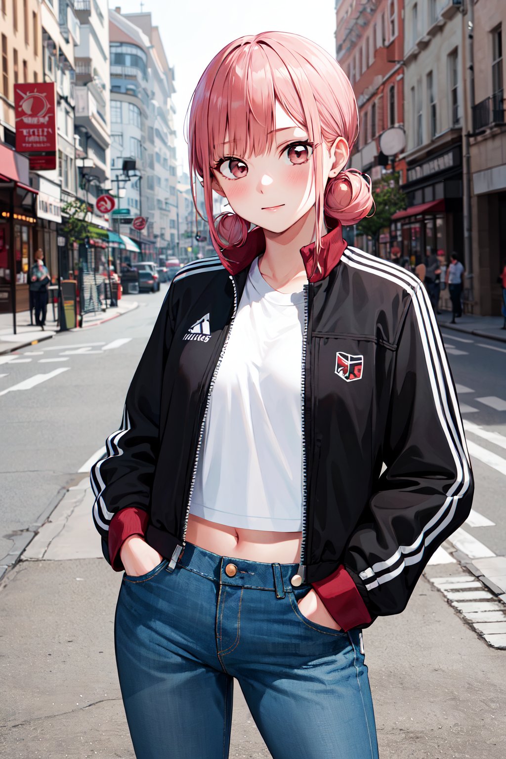 masterpiece, best quality, highres, 1girl, solo, short hair, double bun, pink hair, brown eyes, <lora:chono_hina_v1:0.7>, black jacket, crop top, midriff, white shirt, jeans, hand in pocket, street,