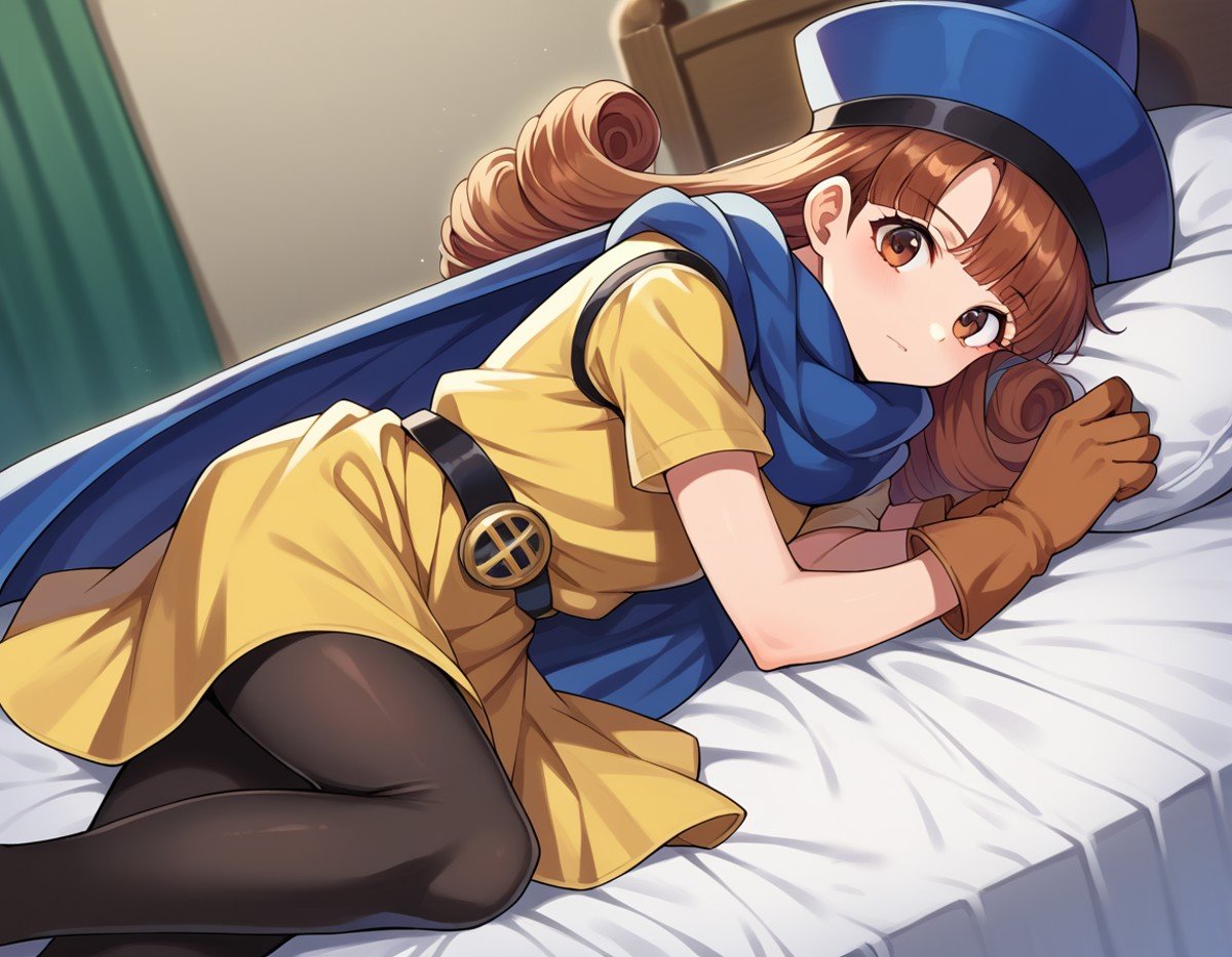 score_9, score_8_up, score_7_up, source_anime,dqalena, <lora:dq-alena-ponyxl-lora-nochekaiser:1>,alena, brown eyes, brown hair, curly hair, long hair,cape, dress, gloves, hat, pantyhose, yellow dress, scarf, short sleeves,indoors, bed, bed room, on side,looking at viewer, dutch angle, cowboy shot,