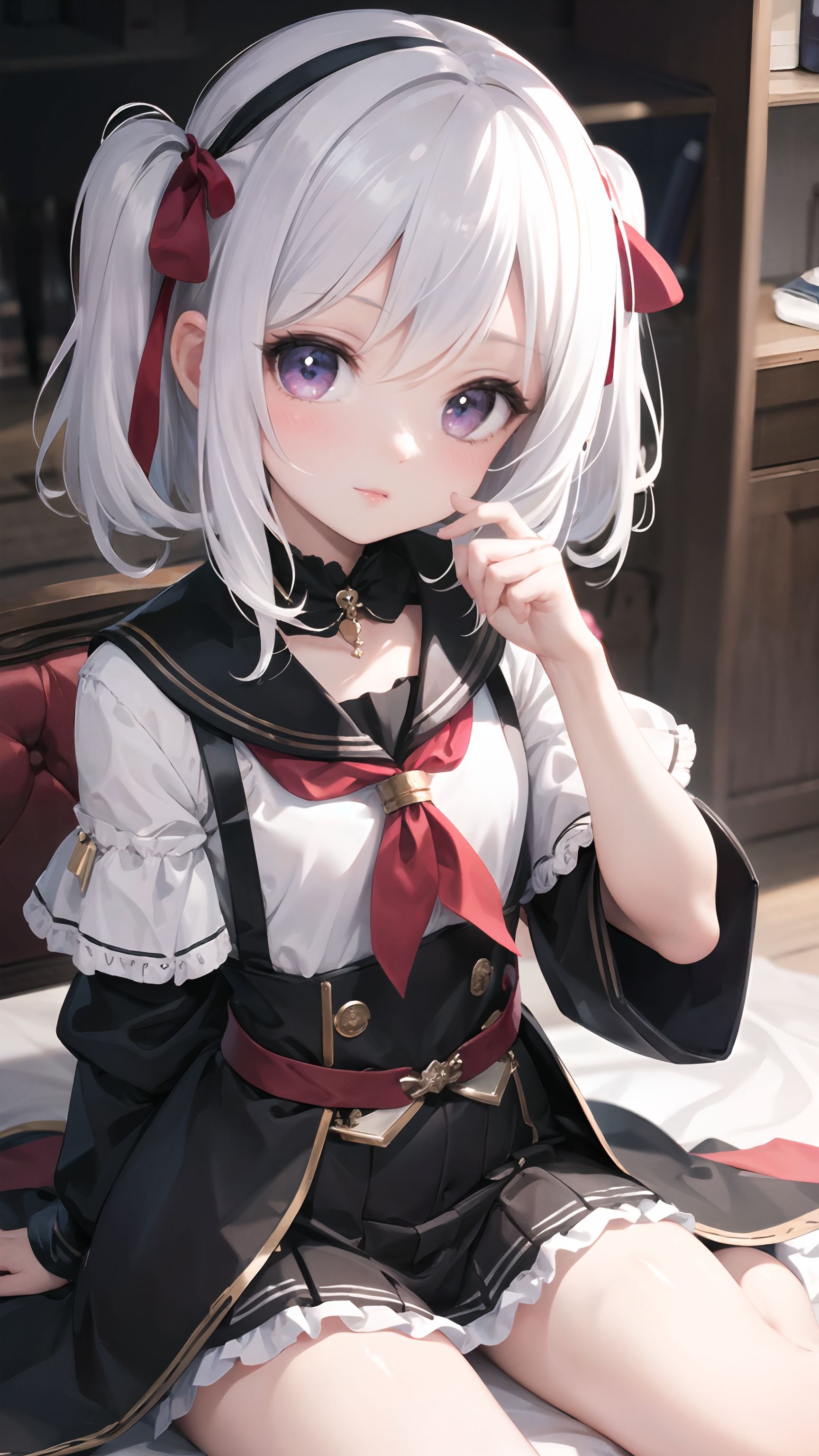 masterpiece,best quality,8k,loli,solo,white hair,kawaii,(depth of field),room,cat ear,