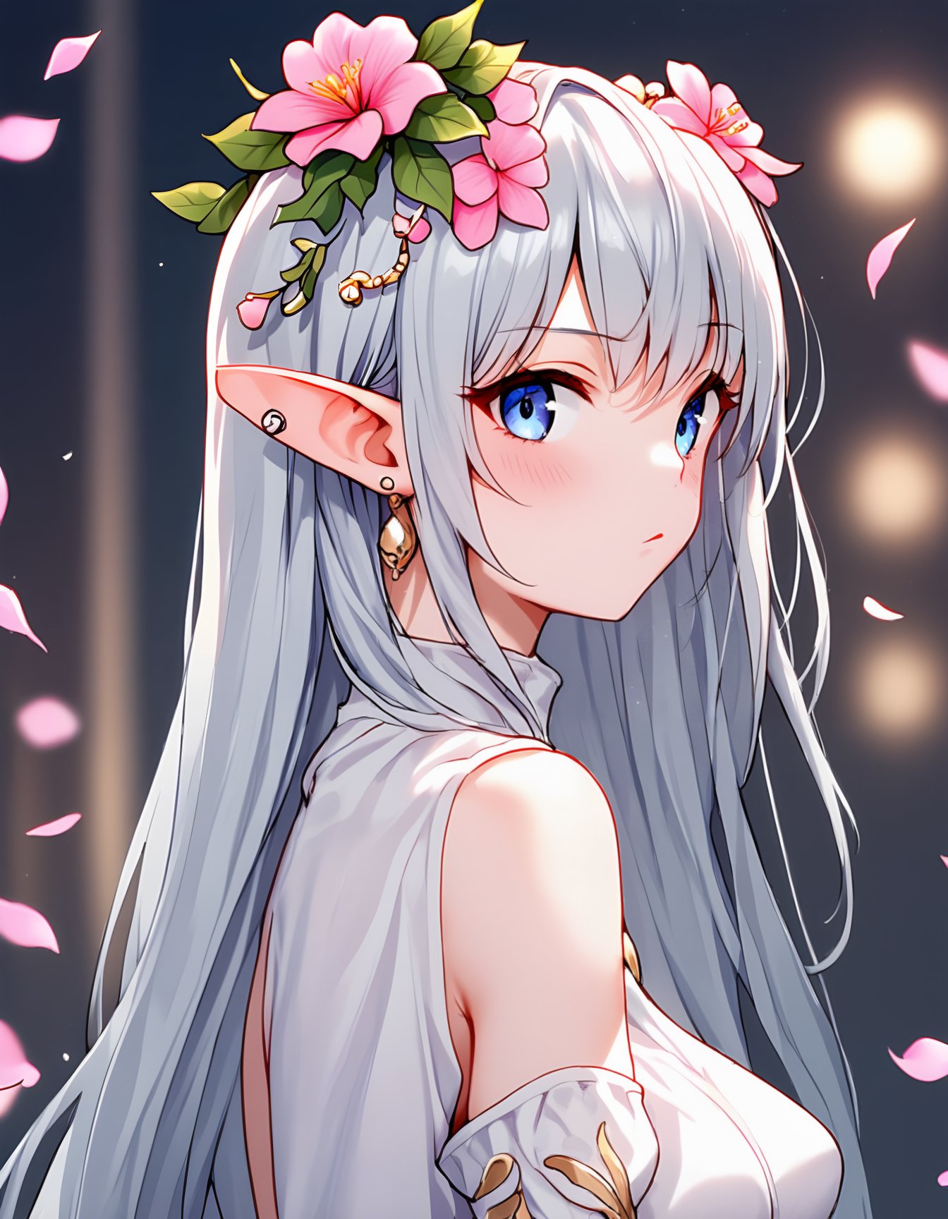 1girl, long hair, looking at viewer, blush, long sleeves, hair ornament, dress, hair between eyes, jewelry, bare shoulders, upper body, white hair, grey hair, flower, earrings, parted lips, detached sleeves, sleeveless, pointy ears, puffy sleeves, hair flower, white dress, blurry, from side, looking to the side, grey eyes, sleeveless dress, petals, blurry background, depth of field, juliet sleeves, ear piercing, elf, pink flower, white sleeves, gold trim, backless outfit, backless dress, head wreath,