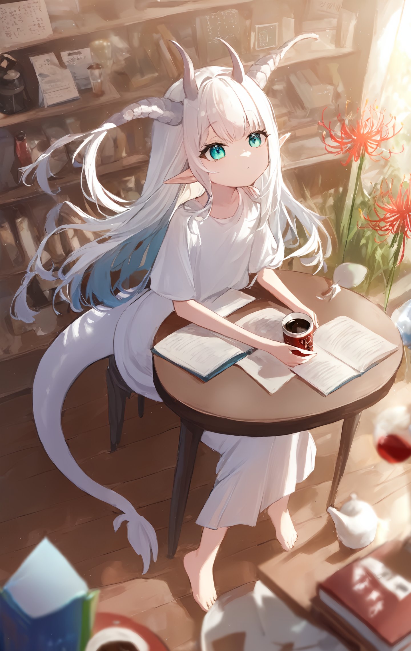 1girl, solo, wings, spider lily, flower, pointy ears, tail, dragon tail, dynamic angle, white dress, long skirt, barefoot, dragon tail, dragon horns, dragon wings, cafe, depth of field, table.In a quaint café imbued with the aroma of fresh coffee, a beguiling young maiden sits, her presence an ethereal blend of fantasy and modernity. Draped in a stylish jacket, T-shirt, and skirt that flirt with the contours of today's fashion, she is not just any patron. From her back sprout dragon wings, unfurled yet at peace, and a dragon tail that coils elegantly around her chair. In her delicate hands, she cradles a bunch of lycoris flowers, their vibrant hue a poetic contrast to her enigmatic aura.t and a bookshelf full of various books, Nearby, one can see a cup placed on a table.masterpiece, best quality, absurdres, recent, newest, safe, sensitive