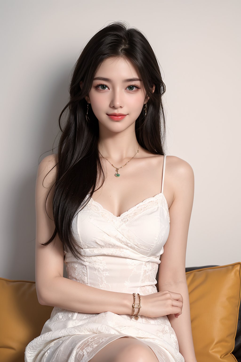 1girl, black hair, bracelet, dress, green eyes, lips, long hair, looking at viewer, pillow, realistic, sitting, smile, solo, watch, white dress, wristband, wristwatch <lora:美女:0.8>