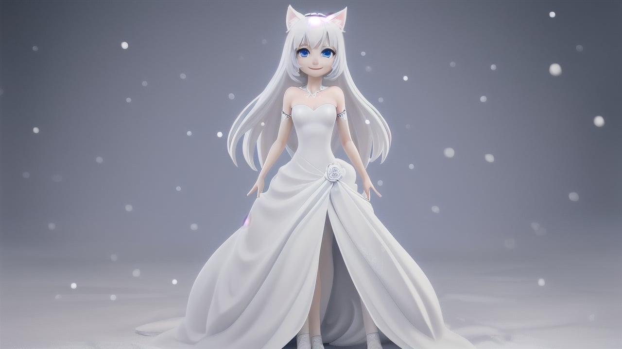 1girl, solo, looking at viewer, smile, small breasts, long hair, blue eyes, animal ears, standing, full body, white hair, white wedding dress, cat ears, animal, snow white fox, white wedding dress<lora:EMS-38147-EMS:0.800000>