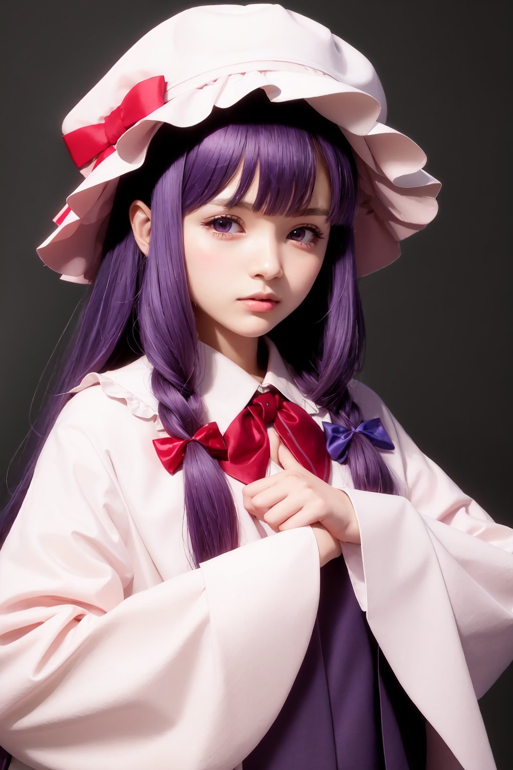 patchouli_knowledge,1girl,mob_cap,looking_at_viewer,hair_bow,red_bow,crescent_hat_ornament,blue_bow,blush,solo,long_sleeves<lora:patchouli_knowledge:1>,simple background,white backgroundmasterpiece,best quality, highly detailed, 