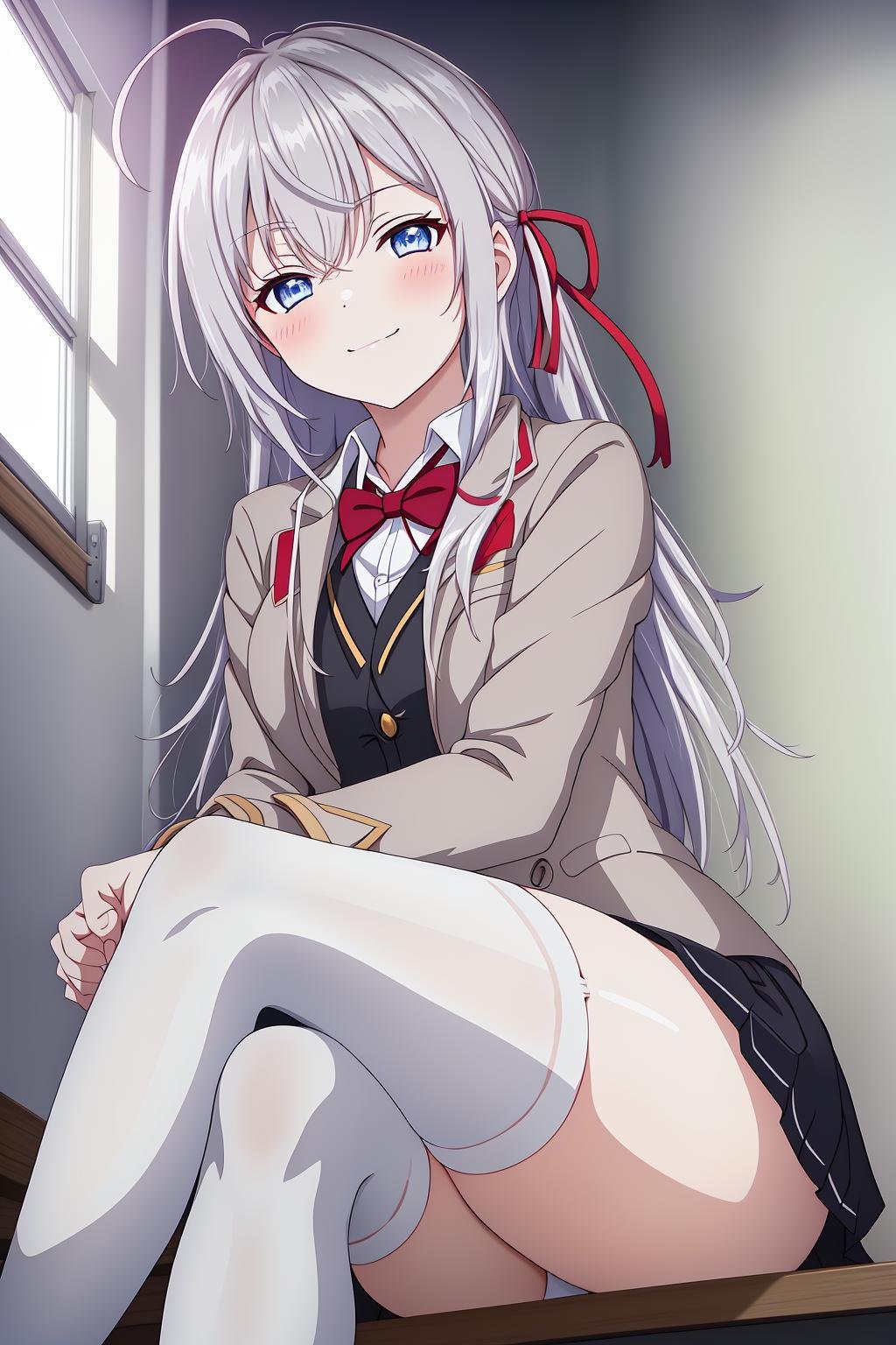 alisa, 1girl,solo,long_hair,looking_at_viewer,blush,smile,bangs,blue_eyes,hair_between_eyes,sitting,closed_mouth,school_uniform,jacket,hair_ribbon,white_shirt,ahoge,grey_hair,thighs,pleated_skirt,collared_shirt,indoors,miniskirt,black_skirt,red_bow,white_thighhighs,open_jacket,red_ribbon,feet_out_of_frame,blazer,white_jacket,crossed_legs,red_bowtie