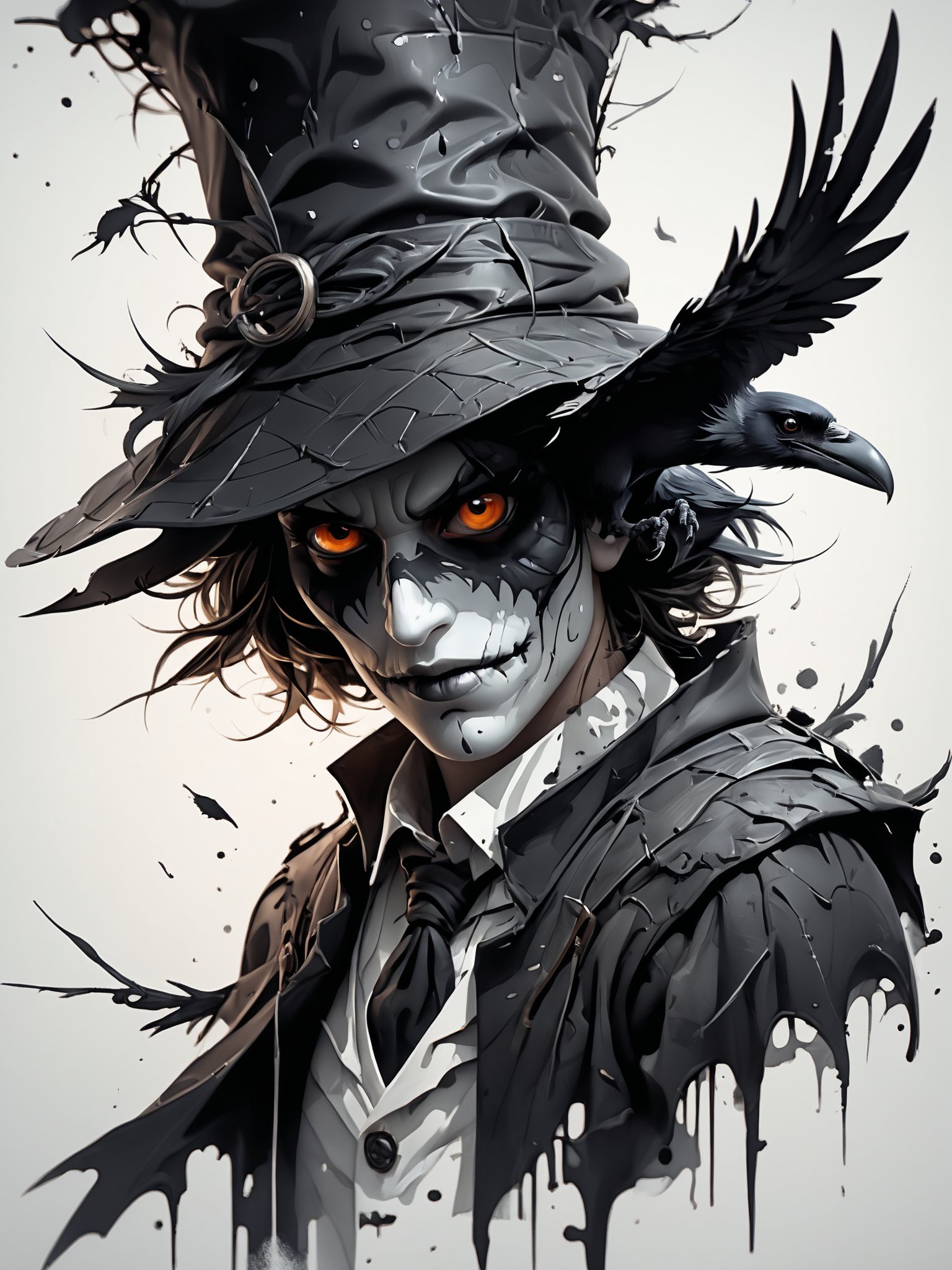 Vektor Create an exquisite ink painting on white paper that is the perfect multi-exposure work of art. This piece was intended to combine the volume-shaded of a Raven and a scarecrow . Hyper realistic .Tattoo style, paint splash, colors in white ,black and white , illustration, painting, photo, poster, dark fantasy,  epic action, Unreal Engine, cinematic award winning artwork, many details, extreme detailed, full of details,Wide range of colors., dramatic, Dynamic,Cinematic,Sharp details, Insane quality. Insane resolution. Insane details. Masterpiece. 32k resolution. casting shadow style, cucoloris patterned illumination,  dvr-lnds-sdxl, ral-dissolve, ral-ertmsphr, ral-porcelain, ral-pxlprtcl, Niji, aidma-niji