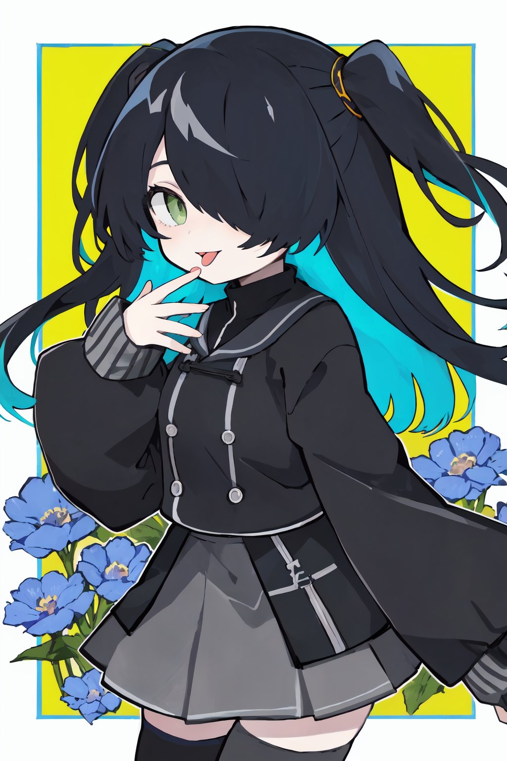 1girl,solo,skirt,green eyes,blue hair,black hair,hair over one eye,multicolored hair,blue flower,flower,long sleeves,grey skirt,thighhighs,looking at viewer,one side up,long hair,bangs,tongue,chibi,so-style,