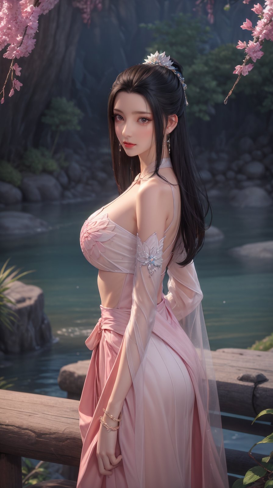 8k,4k,ultrares,highres,(masterpiece, top quality, best quality),extreme detailed,colorful:1.4,highest detailed,ultra-detailed,(highly detailed CG illustration),ultra-fine painting,(Vivid Colors:1.1):1.4,  <lora:水晶质感_CrystalD_v2.0:0.4> <lora:NM_offset:0.6><lora:NM_color_x:0.5> <lora:NM-FC_shou_0p0:0>1girl, solo, looking at viewer, 这是一个夜晚瀑布主题的画面关键词描述：背景："night sky", "outdoors", "waterfall", "flowing water", "lush trees", "glittering stars"人物："young woman",  " dress with side slit", "detached sleeves", "bare shoulders", "looking at viewer"配饰："hair ornament", "hair flower", "jewelry", "earrings", "bracelet"摄影艺术家风格："soft moonlight", "vibrant colors", "reflection on water", "mysterious atmosphere", "lush details"拍摄方案："woman standing by waterfall", "flowers in hair and water", "playful yet seductive expression", "showcase of jewelry", "contrast of dress and night sky"cowboy shot, <lora:SD1.5泛光调节_v1.0:0> <lora:NM_FC_NM_xuner_fanhua_1p0_NM_xuner_pei_1p0_2:0.8>